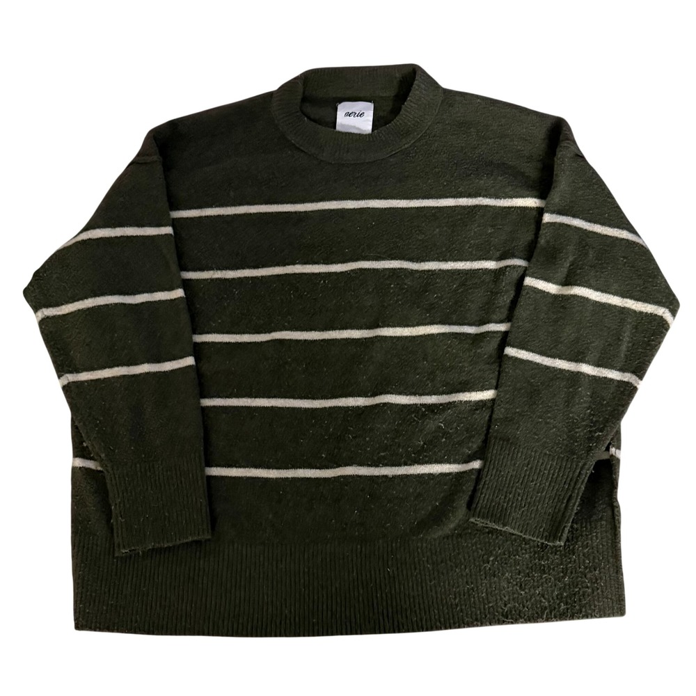 Aerie Olive Green Striped Oversized Crew‎ Neck Pullover Sweater Large Cozy Core